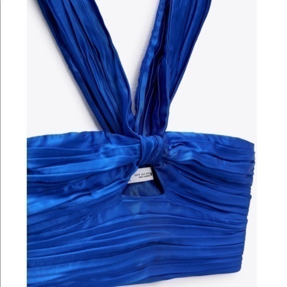 New Zara | Satin Effect Blue Cut Out Draped Crop Top - Picture 9 of 17